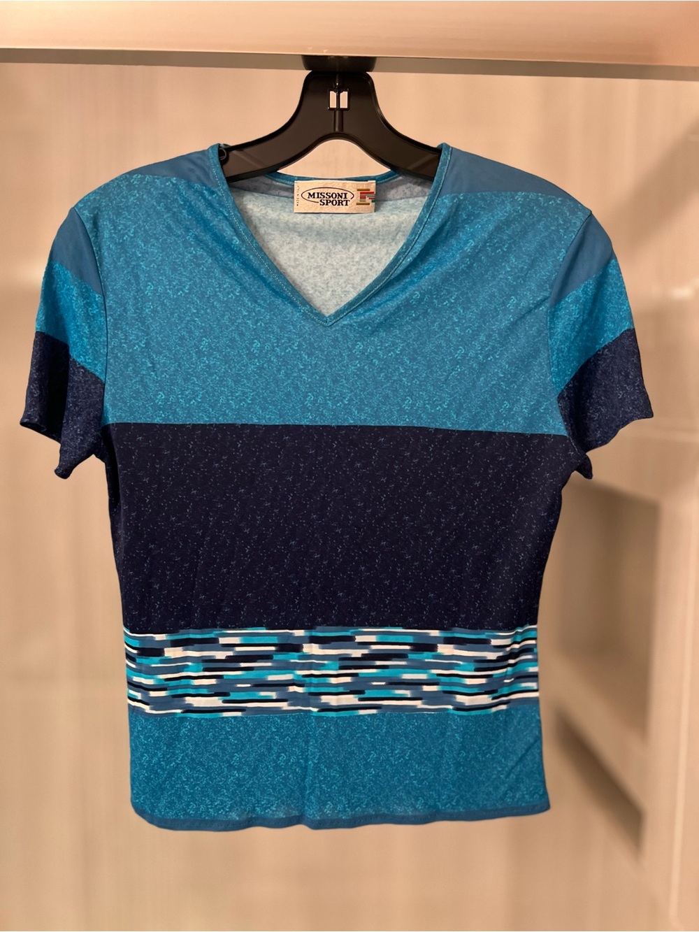 Vintage Missoni Sport Blue Striped Short Sleeve Top. Made in Italy.
